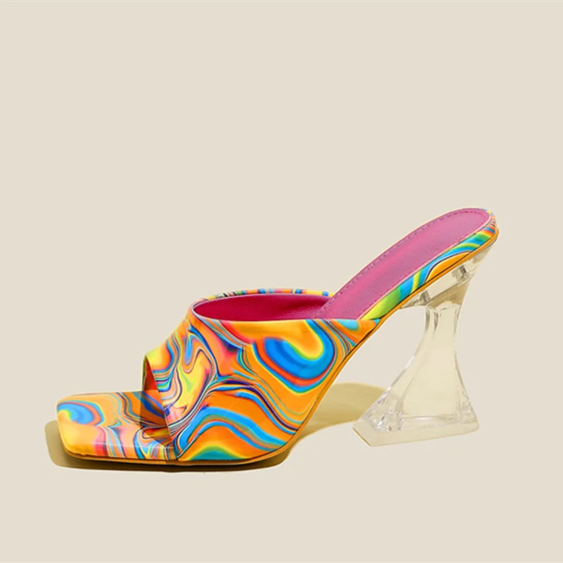 Colorful Printing Summer High Heels 2022 New Fashion Square Head Crystal High Heel Slippers Women\'s Sandals Outdoor Casual