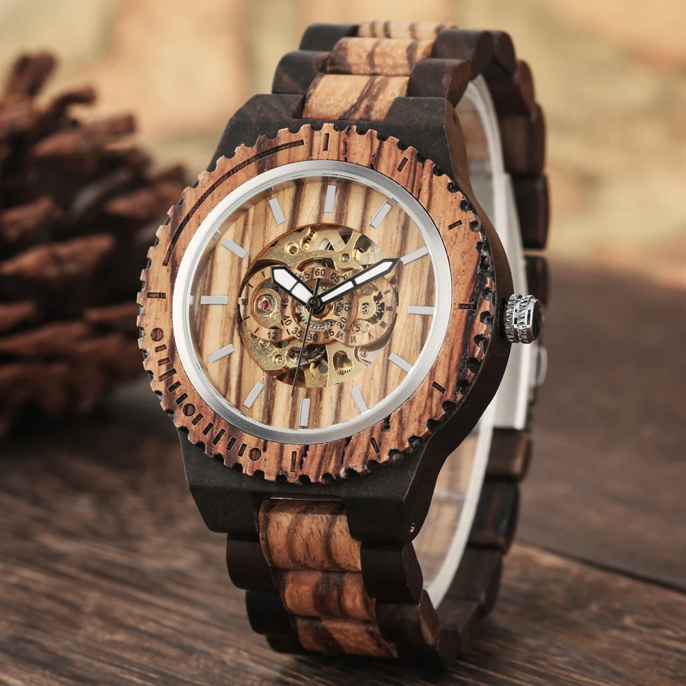 Mixed Wooden Automatic Mechanical Watch for Men Vintage Style Wooden Watch Band Bracelet Clasp Men's Wristwatches
