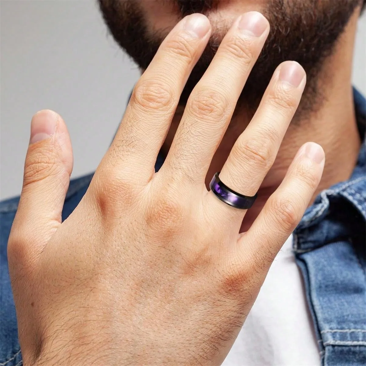 Fashion 8mm Black Stainless Steel Rings for Men Women Inlay Purple Shell High Polished Men Promise Rings Wedding Party Jewelry