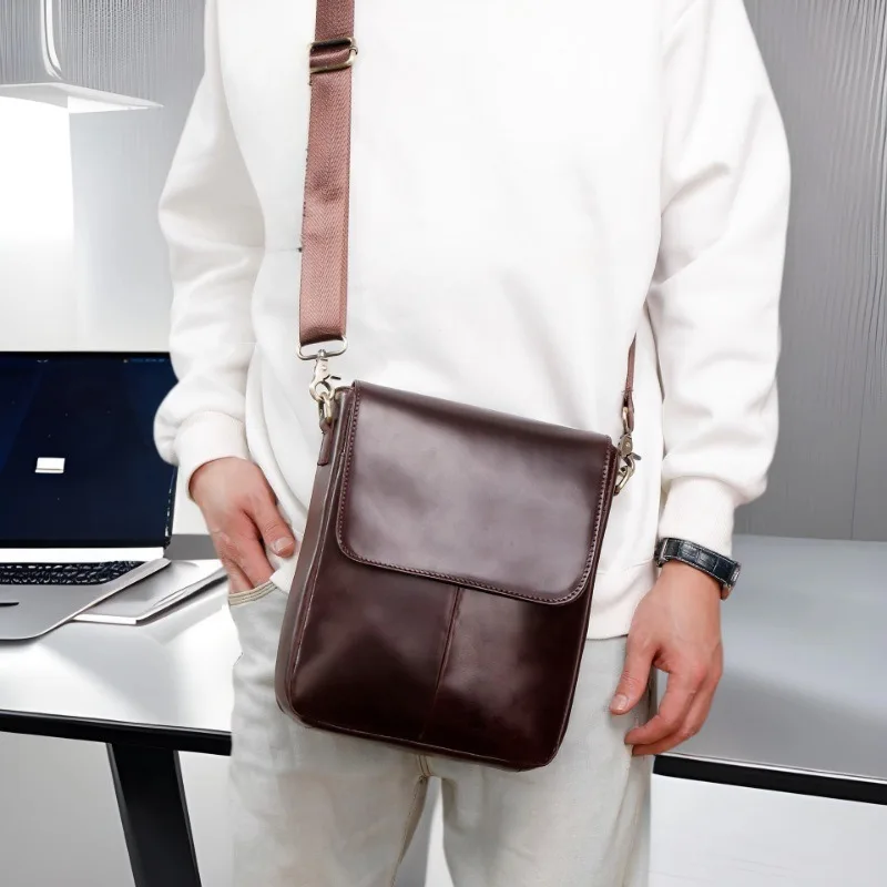 2025 Men's Professional Full-Grain Cowhide Vertical Messenger Bag Business Fashion Flap-Over Crossbody Bag