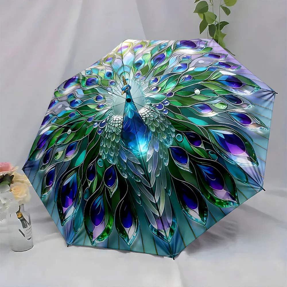 1PC Artistic Peacock Feather Umbrella for Elegant Style Print 8 Iron Ribs Folding Umbrella Auto-Open Fashion Sunshade