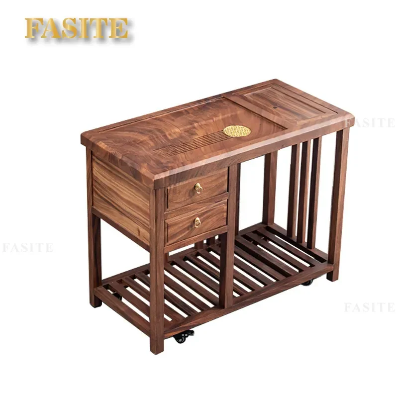 For New Chinese Style Living Room Walnut Mobile Tea Table with Integrated Kettle Coffee Side Cabinet Household Complete Tea