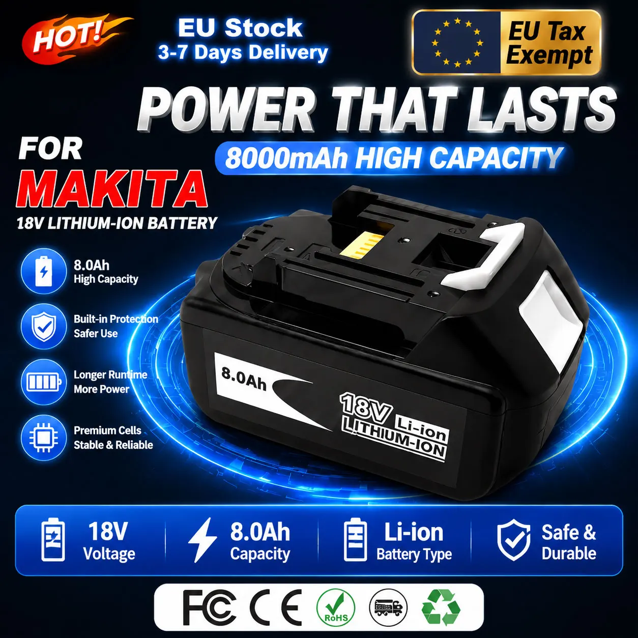 Wiederaufladbarer 18V 8000mAh Werkzeugakku Ersatz für Makita BL-Serie BL1815 BL1830 BL1840 BL1860, ausgestattet mit 4A & 6A Akkuladegerät