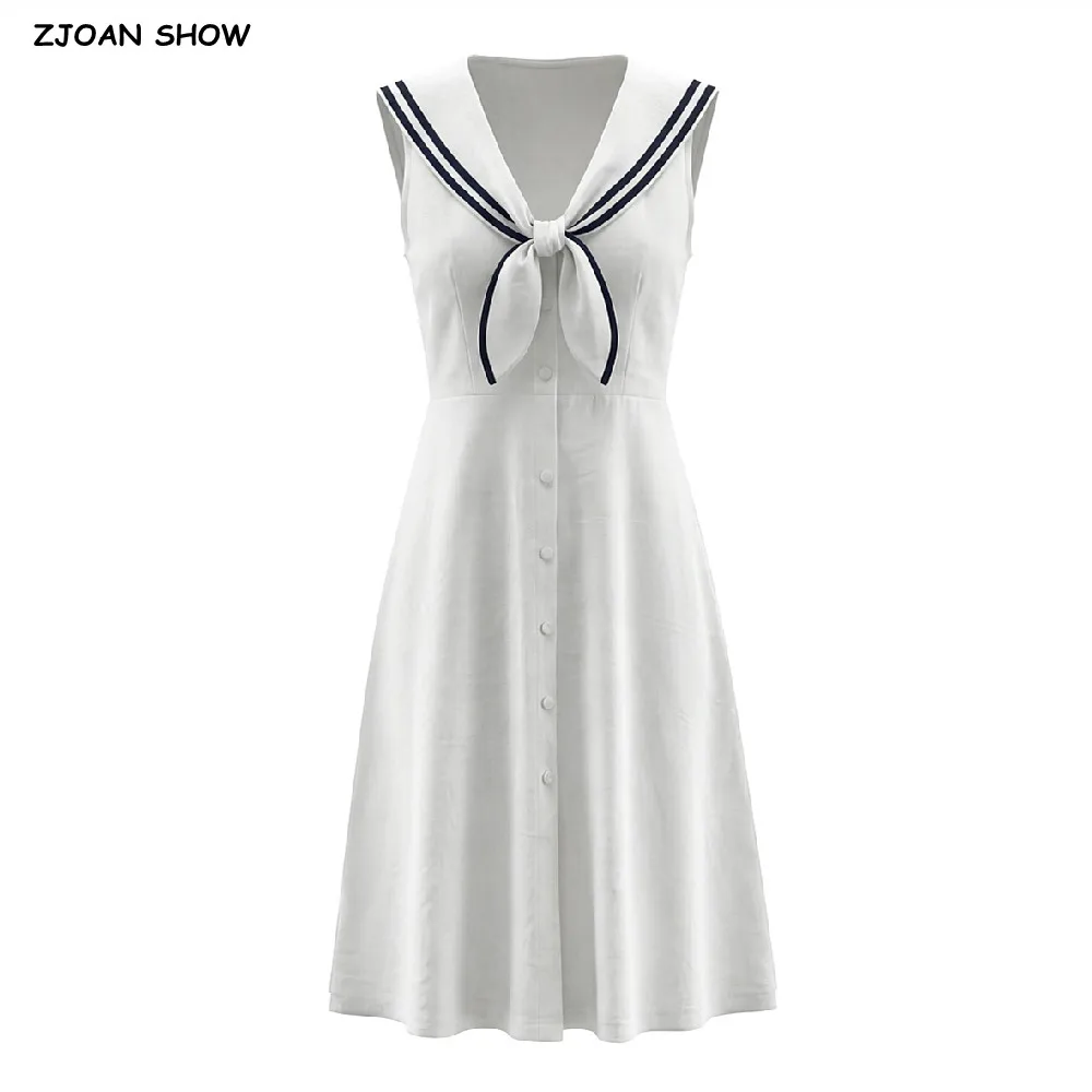 

Элегантное белое платье без рукавов с матросским воротником, черным бантом и открытой спиной, приталенное, А-силуэт, миди, для женщин