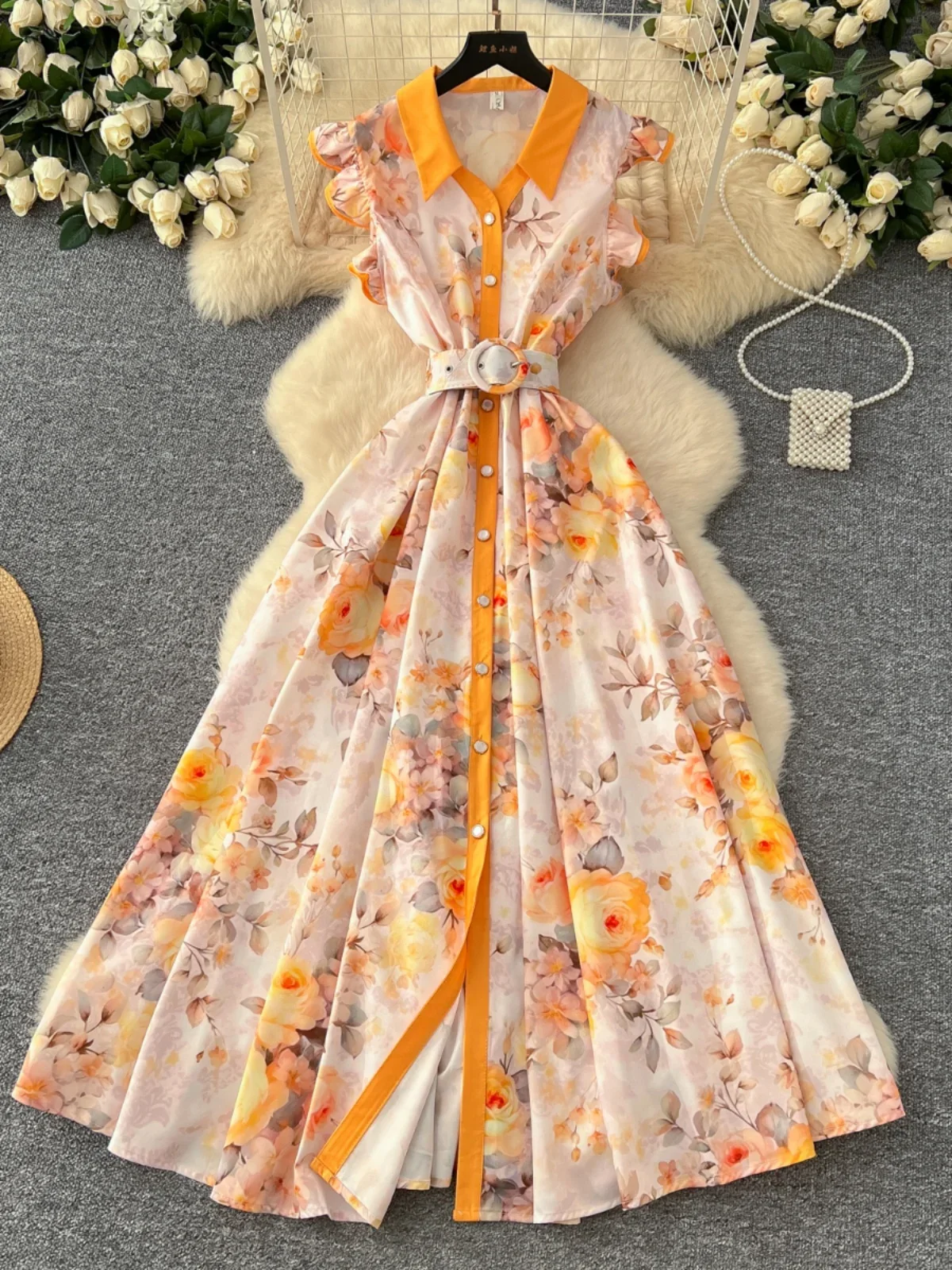 Ofallsis Turn down Neck Fashion Printed Lotus Leaf Sleeves Dress 2024 Autumn New Single Breasted Waist Cinching Big Swing Dress