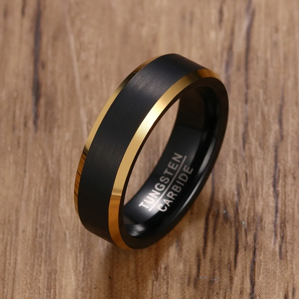 Somen 6mm Black Tungsten Carbide Wedding Bands For Men Gold Color Bevel Edged Matte Brushed Engagement Ring Male Jewelry Anillos