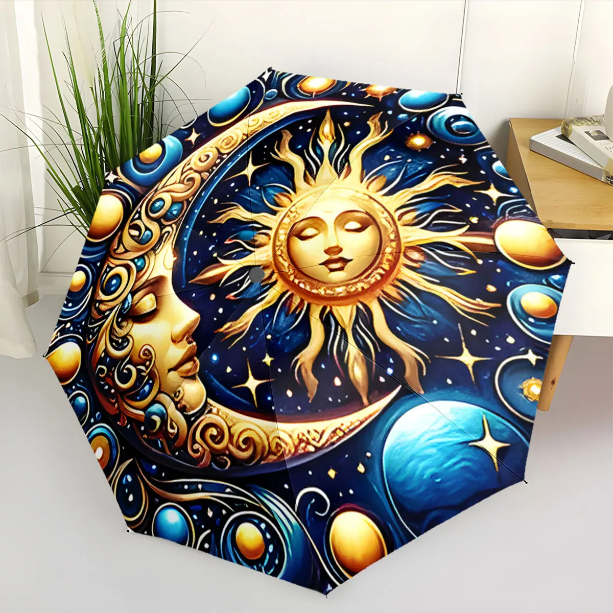 1PC Mystical Sun and Moon Umbrella Design Print 8 Iron Ribs Folding Umbrella Auto-Open Fashion Sunshade