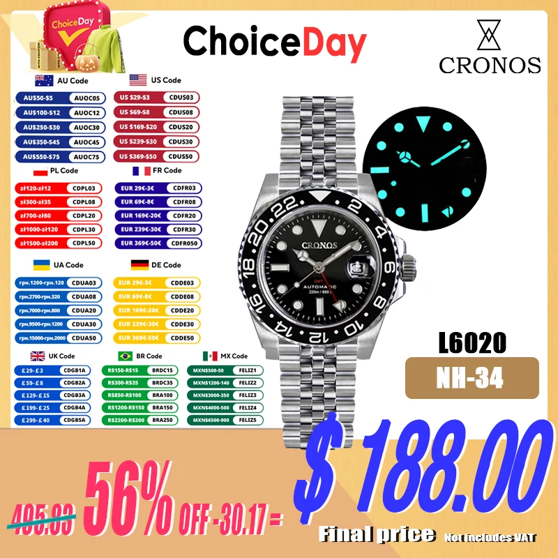 Cronos GMT Automatic Man Watch lunetta bidirezionale Sapphire 20 ATM NH34 Solid 5 links bracciale in metallo BGW-9 Lum lateast Version