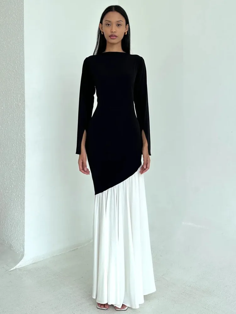 JULISSA MO Patchwork Round Neck Pleated Women Maxi Dress Black Long Sleeve Evening Dress Femme Autumn New Elegant Party Clubwear