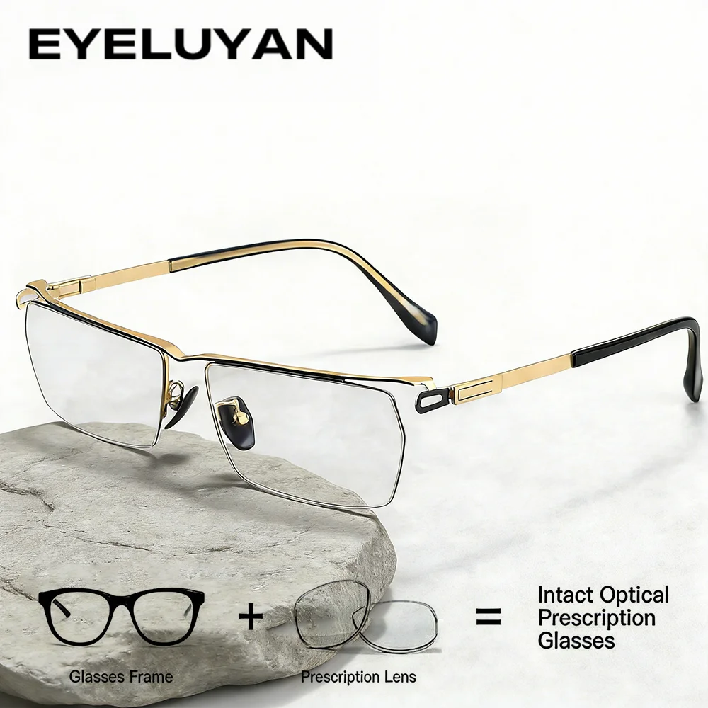 EYELUYAN Eyebrow Semi-Rimless Optical Prescription Glasses Men Titanium Fashion Myopia Corrective Glasses Progressive Eyewear