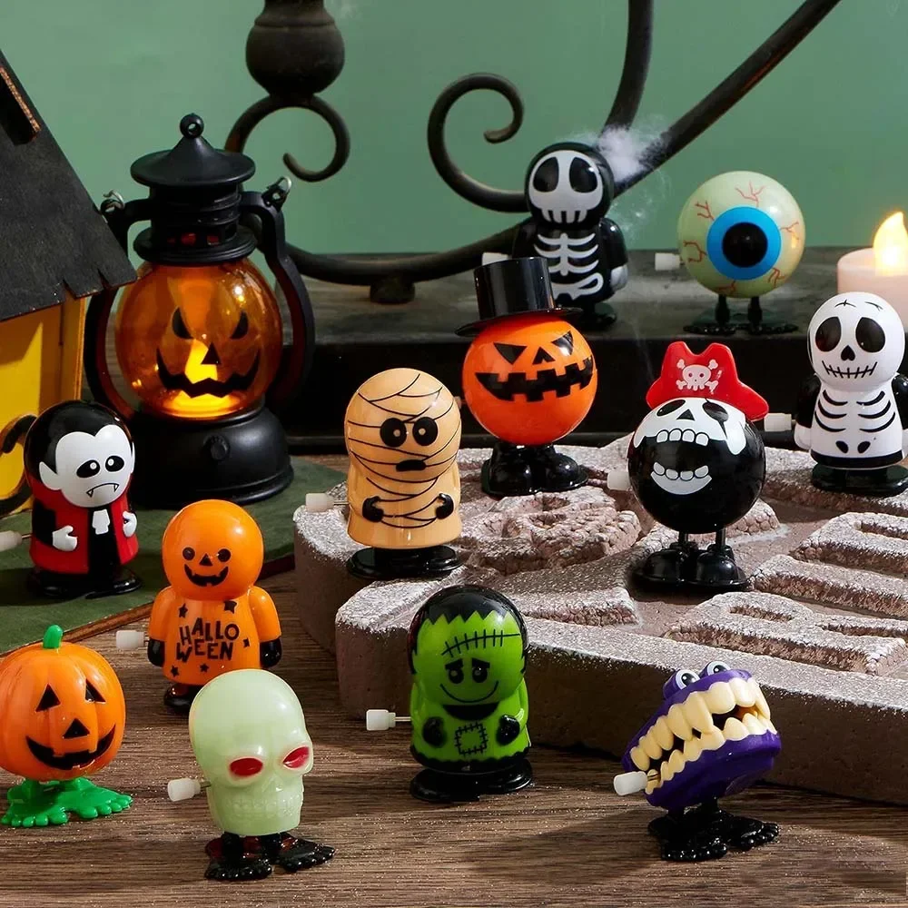 12 PCS Halloween Wind Up Car Toy Fun Halloween Pumpkin Ghost Skeleton Zombie Walking Jump Toys For Party Decor Children Gift