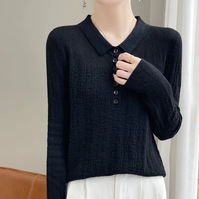 Women\'s sweater autumn/winter 100% pure wool pullover casual solid knitted Tops Japanese/Korean loose POLO collar basic Blouse