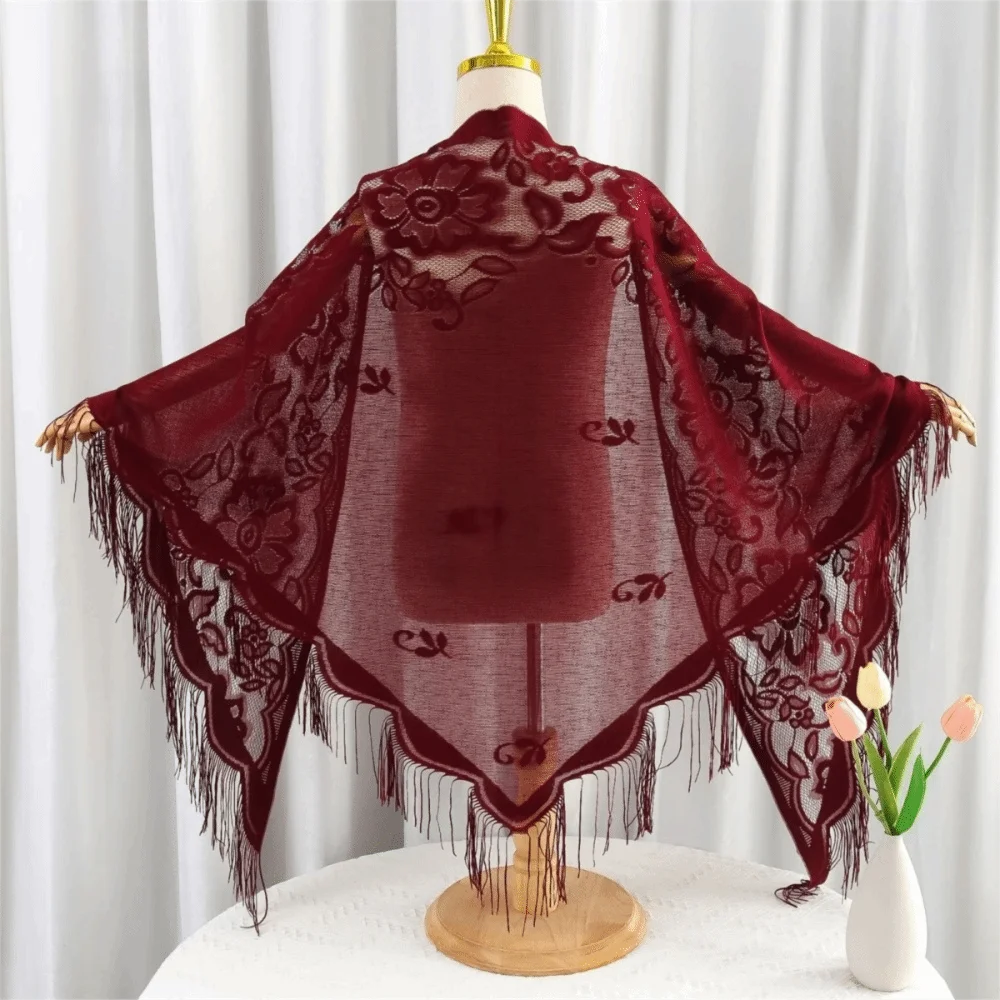 Fashion Tassel Patchwork Tulle Scarf Hollow Solid Color Lace Shawl Breathable Party Accessories V-Neck Cardigans
