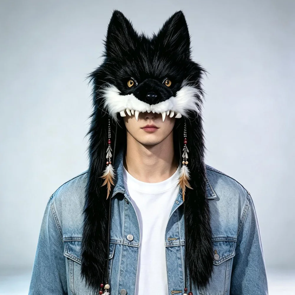Plush Wolf Head Hat Faux Fur Wolf Mask Cosplay Animal Wolf Headdress Masks Halloween Carnival Party Costumes Props High Quality