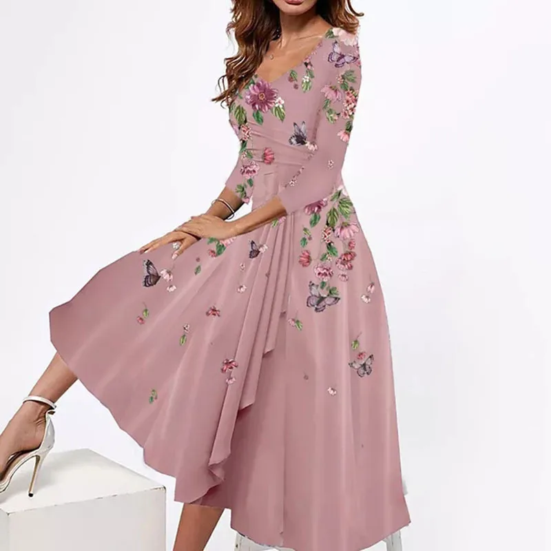 Autumn Sexy V-neck Loose Print 3/4 Sleeve Midi Dresses Fopr Women Elegant Tunic Floral Print Sexy Evening Party Dress Vestidos