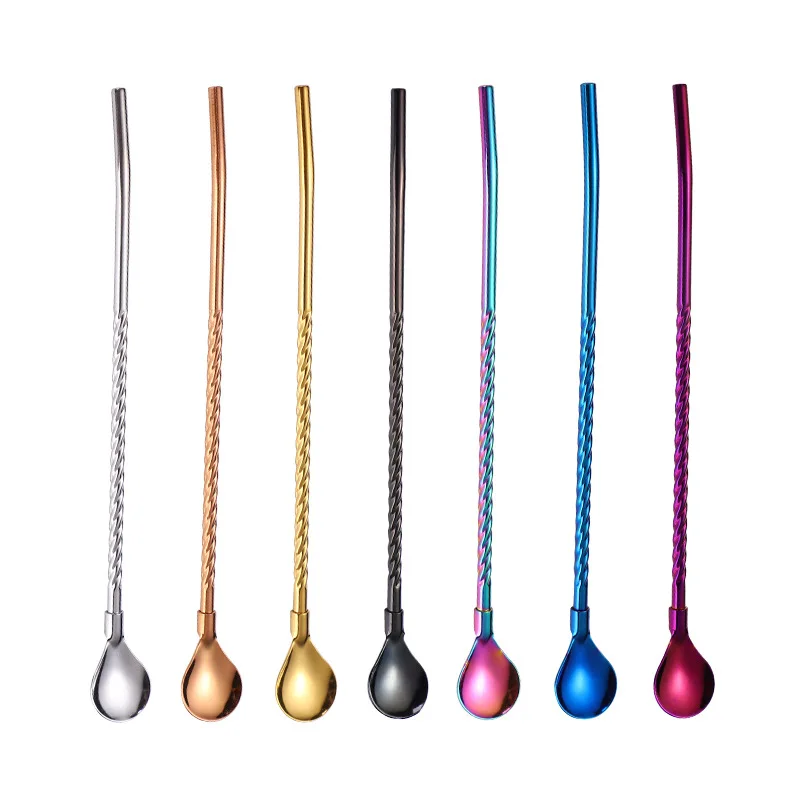 Long Twisted Straw Spoon Portable Gold Tea Scoop Reusable Colored Stainless Steel Straws Cocktail Coffee Stirring