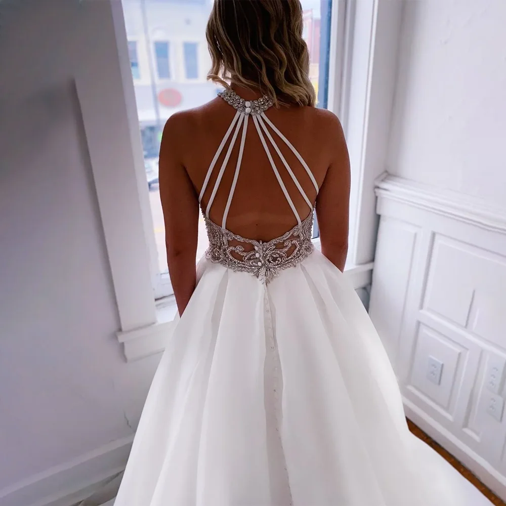 MANRUIXIN 맞춤형 A라인 보헤미안 웨딩 드레스 여성용 화이트 오간자 하이넥 크리스탈 신부 드레스 로브 드 마리아쥬