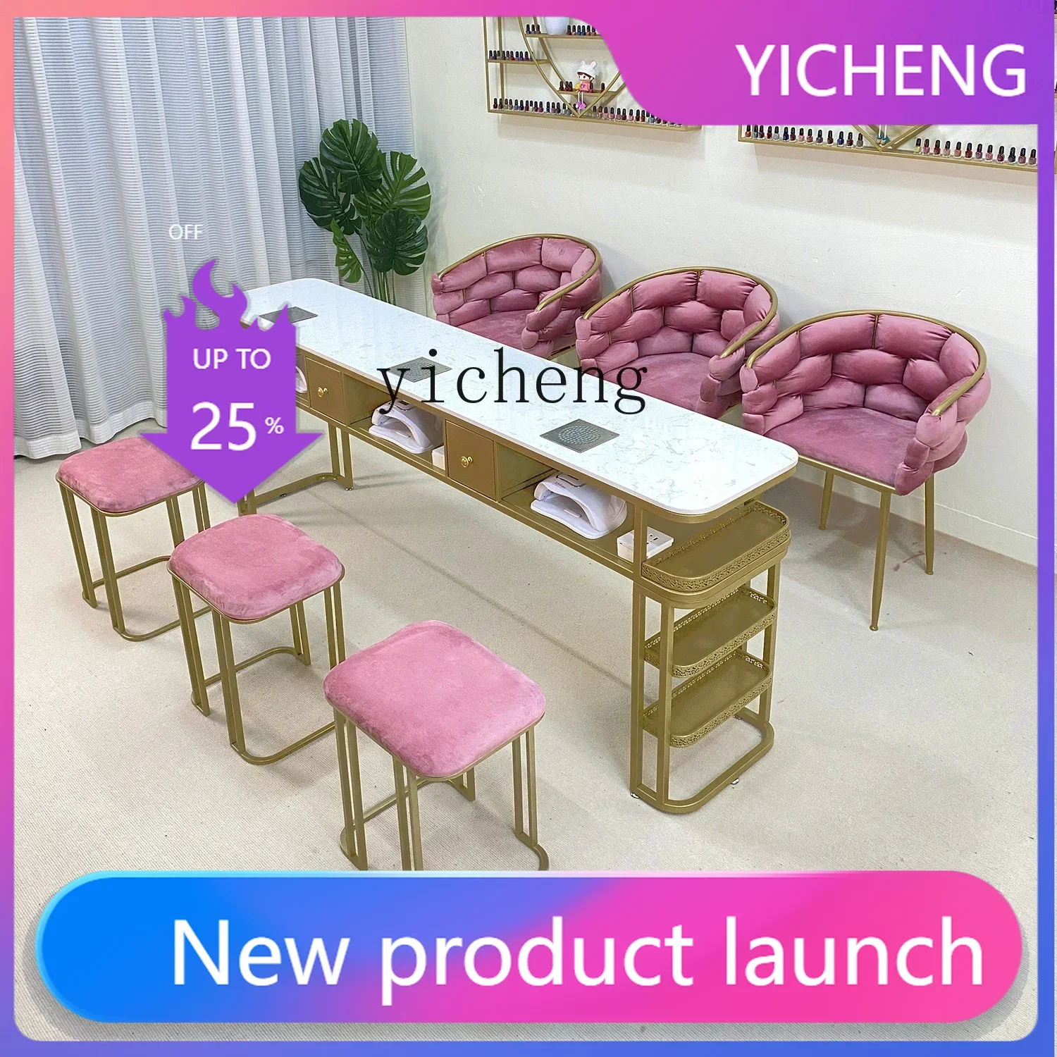

LYY Vacuum Cleaner Nail Table Set Marble Internet celebrity Nail Table Pink Bread Chair