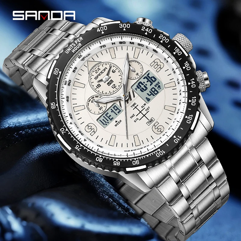 SANDA 6362 Casual Men's Electronic Quartz Watch Luminous Alarm Clock 50M Waterproof Fashion Dual Display Digital Watches for Man