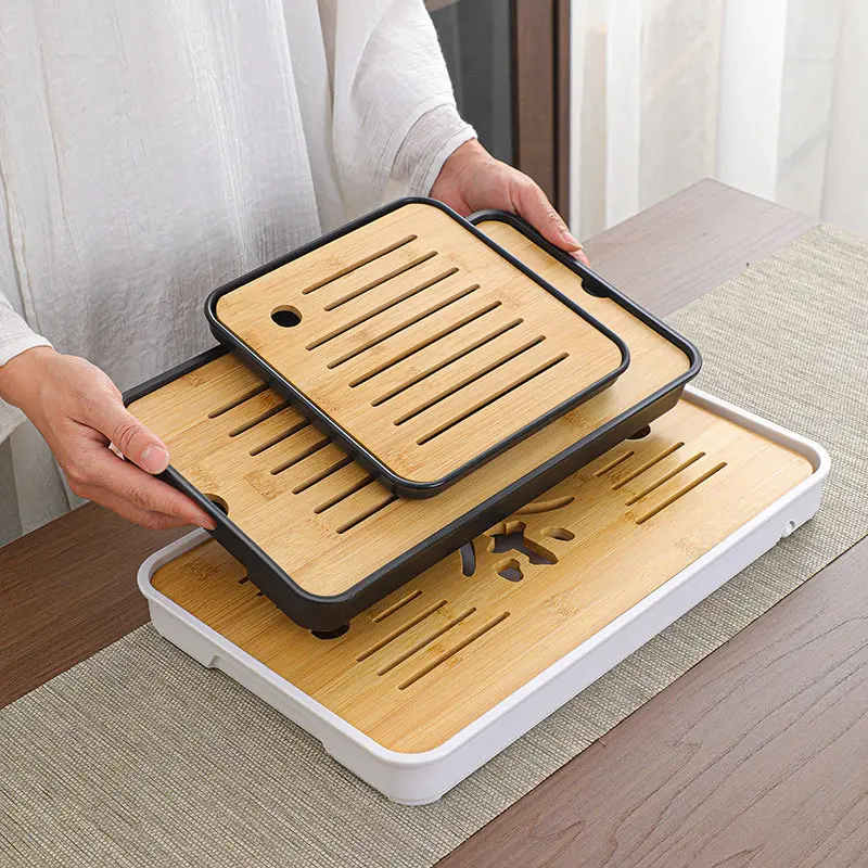 Drainage Bamboo Tea Tray Plastic Storage Rectangle Coasters Hospitality Valet Tea Tray Plate Serving Bandejas Home Decorationgs