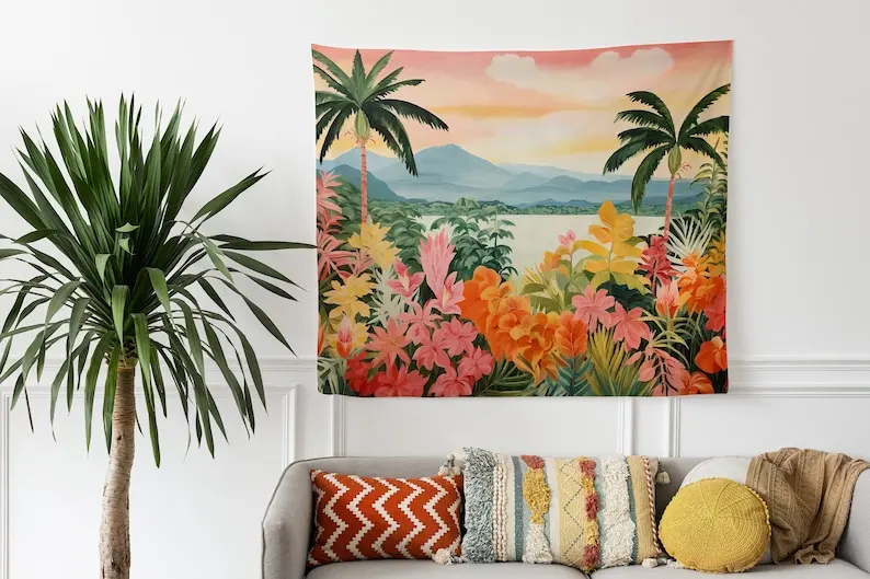 Mid-Century Modern Retro Tropical Landscape Tapestry Wall Hanging, Vibrant Colors, Nature-Inspired, Coastal Vibe