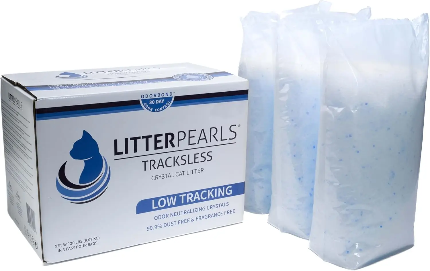 

Tracksless Cat Litter Pearls, White Clear Blue Crystals, 20 lb Odor Control Pet Litter
