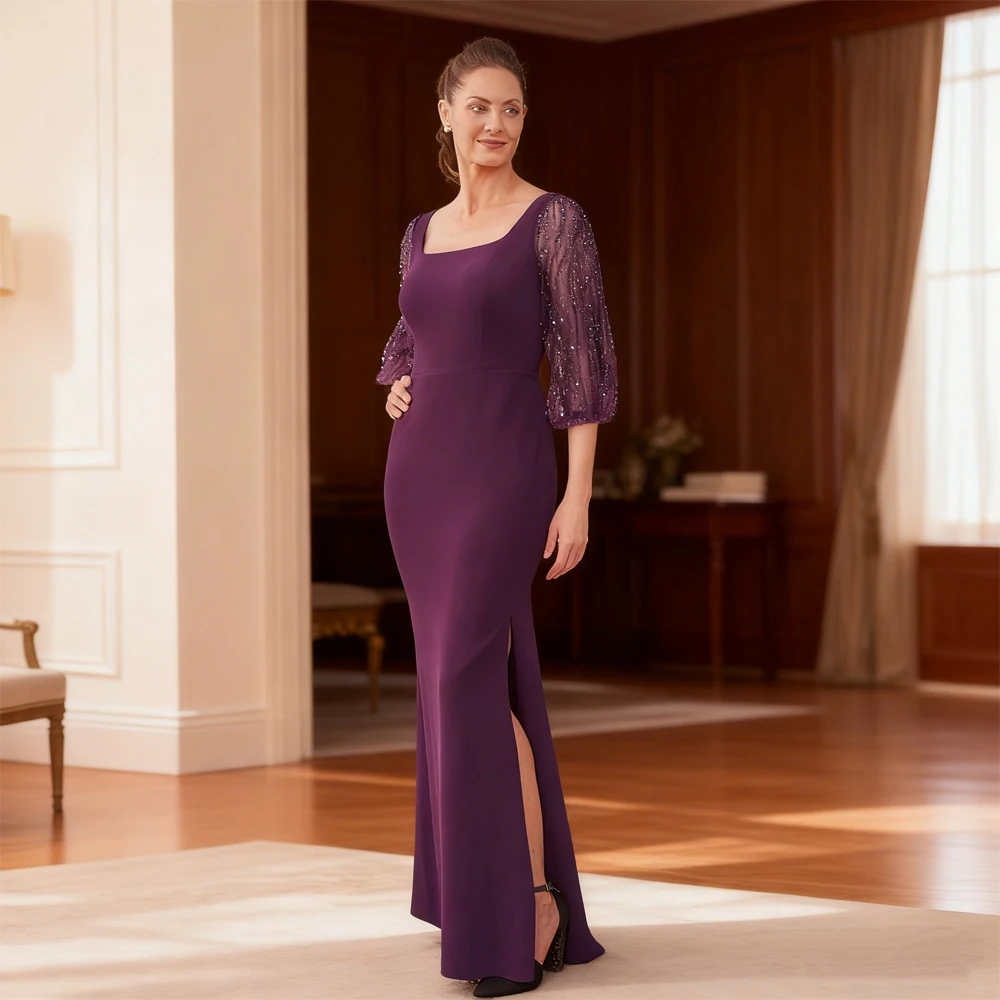 

Elegant Purple Side Slit Mother of Bride Dresses for Women Beading Square Collar luxury Wedding Party Gown Vestido De Noche