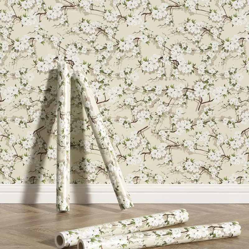 

Chic European Waterproof 3D Pear Flower Wallpaper Apricot Floral Fresh Vinyl Mural Home Decoration Furniture Sticker Background