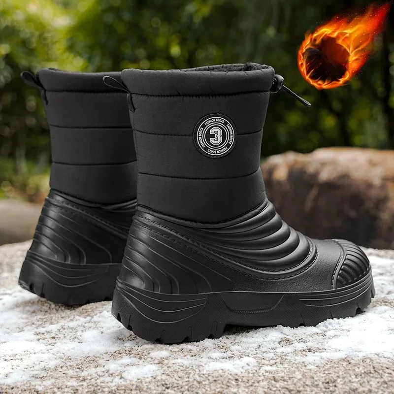 Autumn and Winter Outdoor Men's Snow Boots Waterproof Non-Slip Warm Cotton Shoes Large Size Fleece-Lined Thickened Hiking Boots