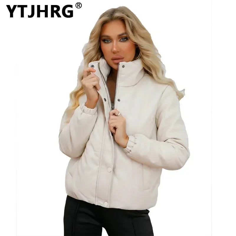 YTJHRG Jackets Women\'s Thicken Parkas Stand Collar Coats 2024 New Female Clothing Motor Biker Zipper with Pocket Autumn Winter