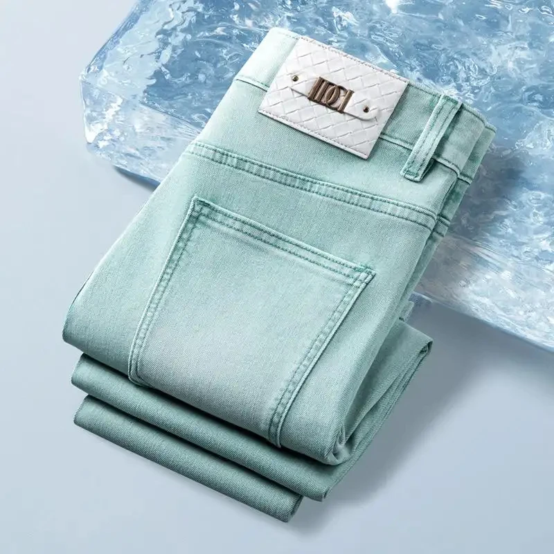 

2026 Summer Flower Season Men's Casual Jeans Emerald Green European Style High-End Slim Fit Straight Leg Versatile Stylish Long