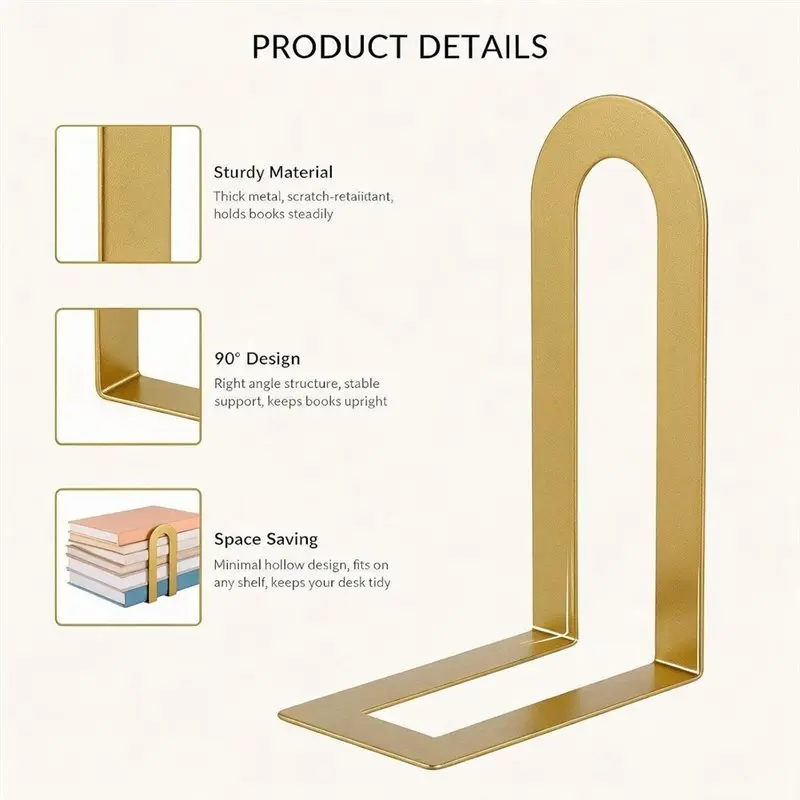 LXYB18B Heavy Duty U Shaped Book Holders-Gold Metal Bookends, 6 Pcs Sturdy Decorative Book Stoppers, Space Saving Book Supports