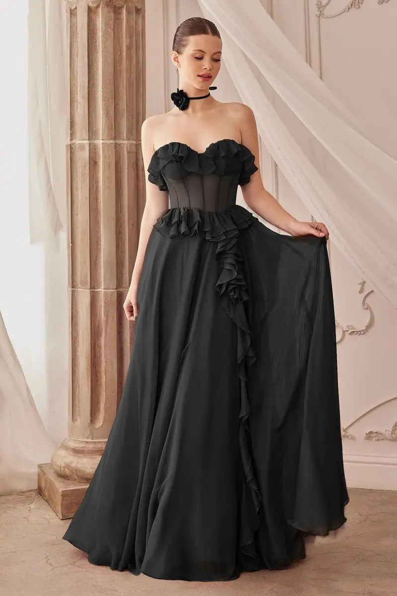 Chiffon Strapless A-line Prom Dresses Sweetheart Sleeveless Backless High Split Outdoor Party Gown Ruffles Lace Up Evening Dress