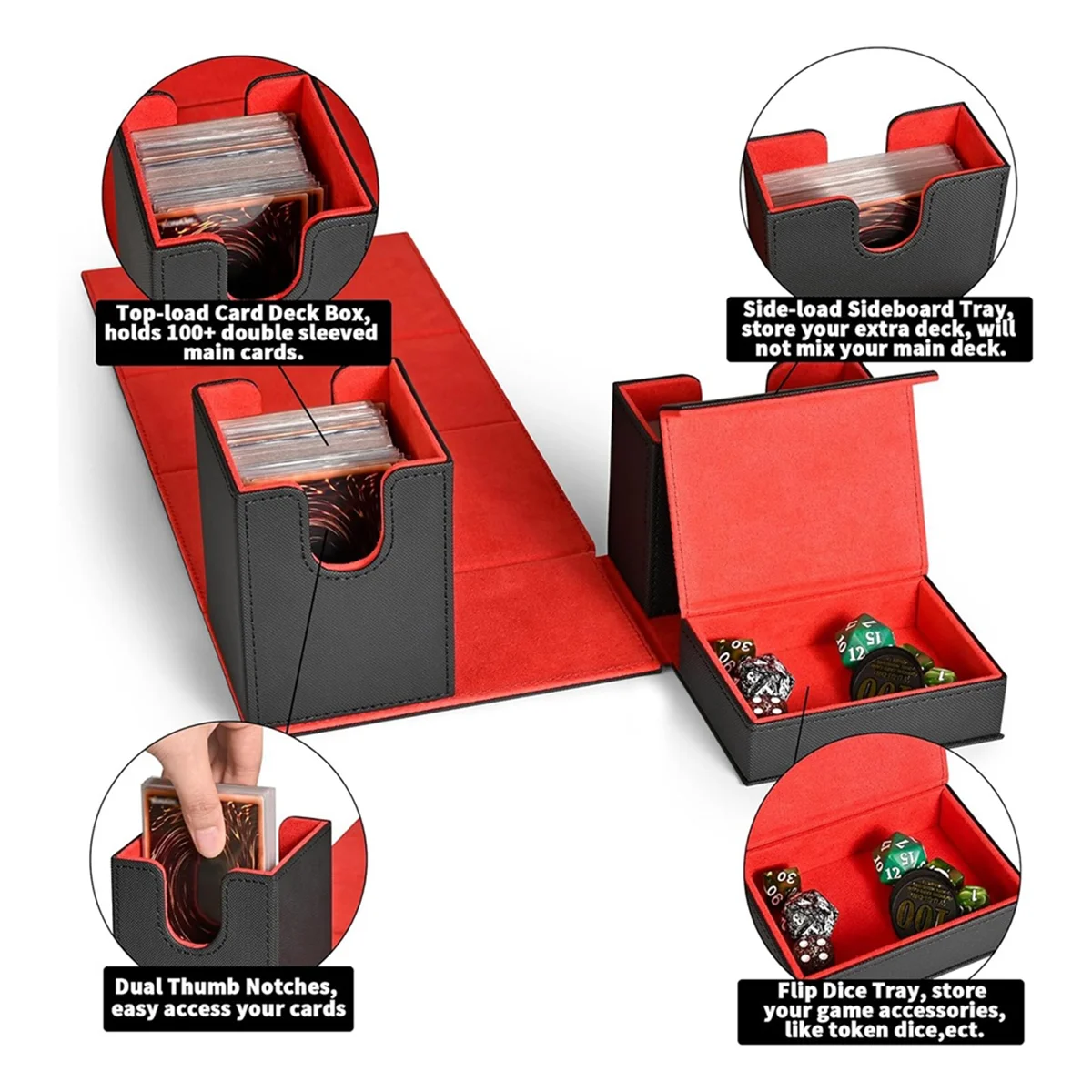 AT42 Card Deck Box, Premium Card Box with Flip Dice Tray , Card Deck Case Storage Box for Sports Playing Game Cards Black+Red