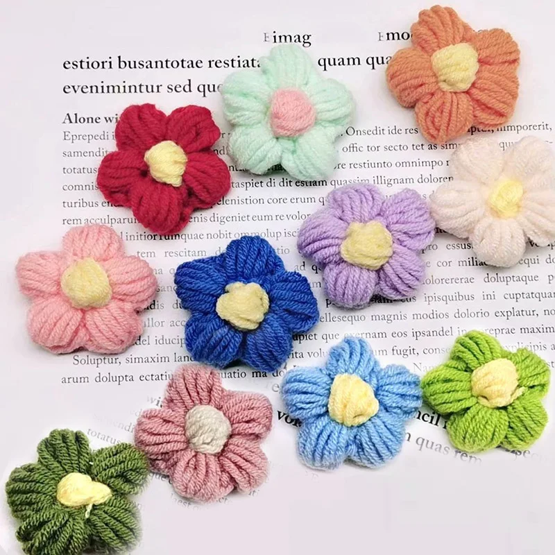 10Pcs Hand Knitting Yarn Wool Flower Heads Crochet Flower DIY Handmade Headdress Hats Bags Clothes Brooch Jewelry Accessories