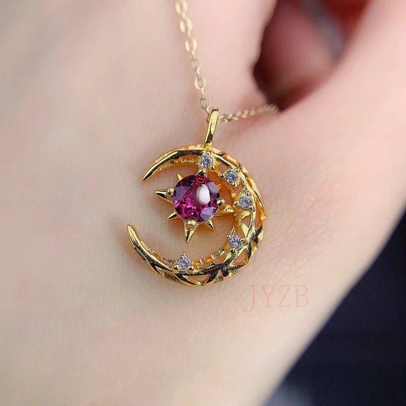 Trend style Moon Star Necklace Natural garnet sterling Silver Women's Pendant Necklace jewelry women's short chain gift