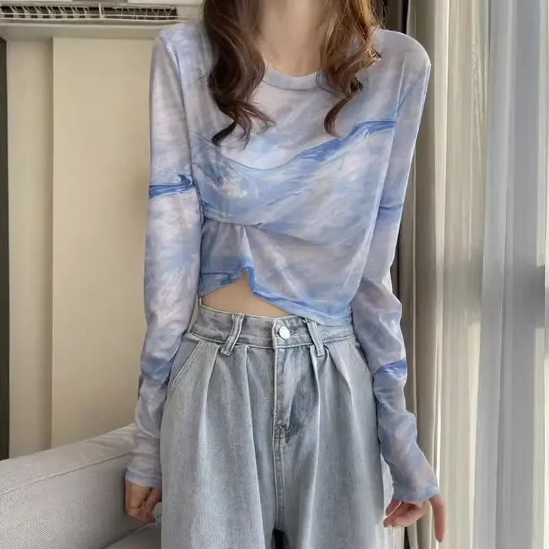 Women's Blue Sky Print Sheer Long-Sleeve Cropped Top