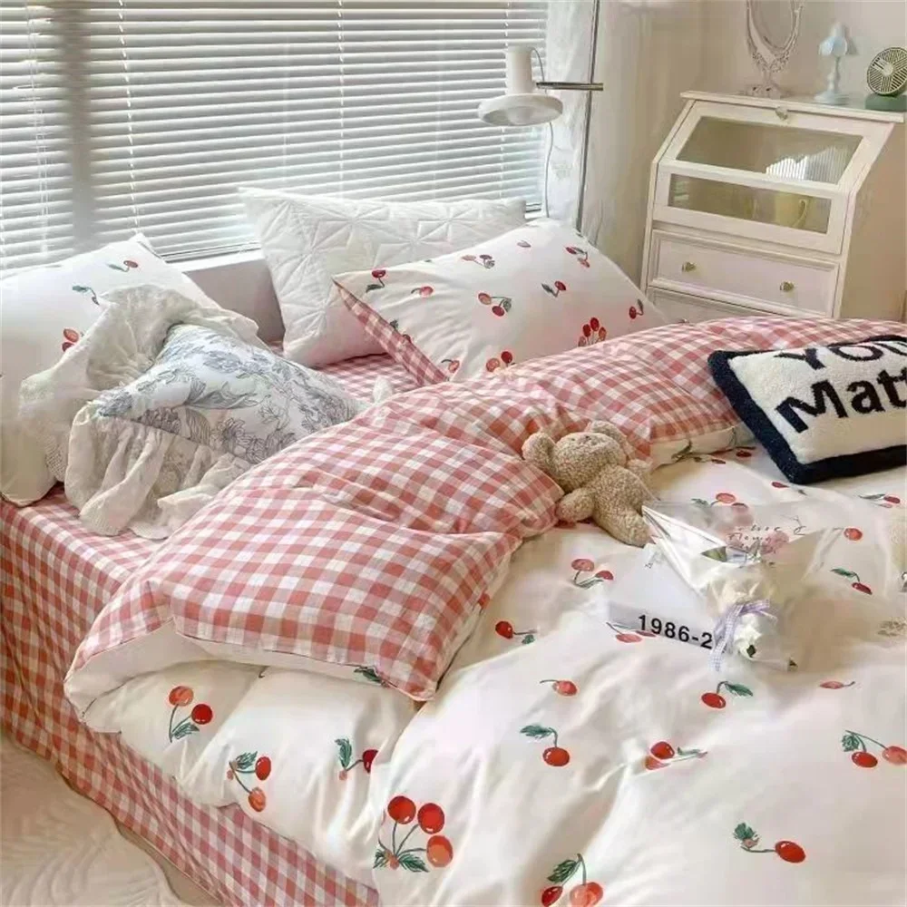 Blue White Heart Duvet Cover Set INS Flower Flat Sheet Pillowcase Floral Girls Boys Bed Linen Twin Queen Size Home Bedding