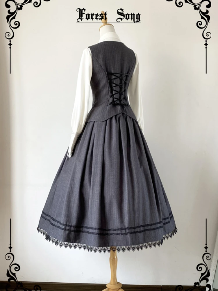 Japanese Style Simple Elegant Retro Lolita SK Lace Stitching High Waist A-line Stripes Pleated Long Skirts for Women Summer 2024