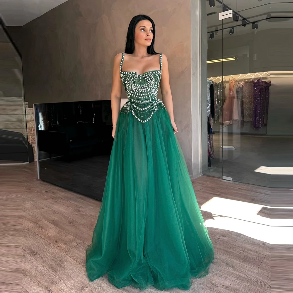 Pretty Diamond Mesh Prom Party Dress Spaghetti Strap Beading Tulle A Line Evening Dresses Sleeveless Crystals Pageant Gowns