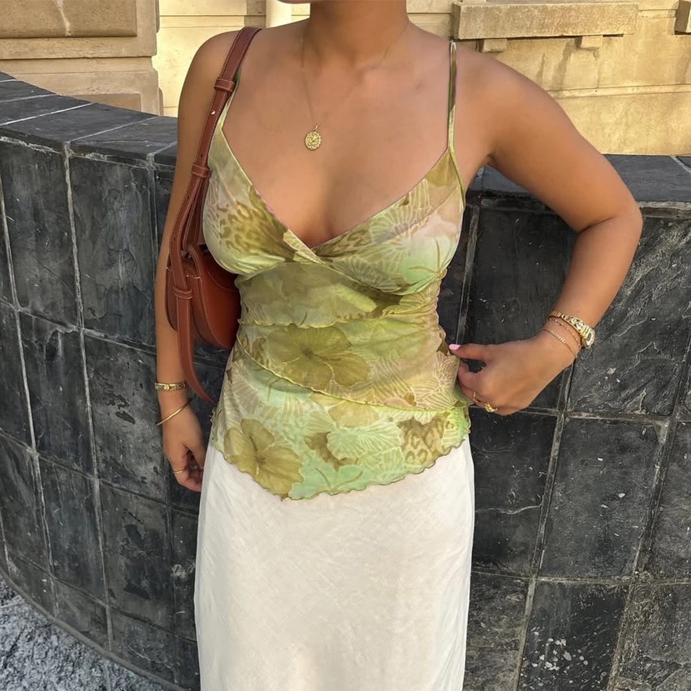 Women Summer Vintage y2k Aesthetic Crop Tops Floral Print Boho Sleeveless Spaghetti Strap Mesh See Through Coquette Tanks Camis image 4