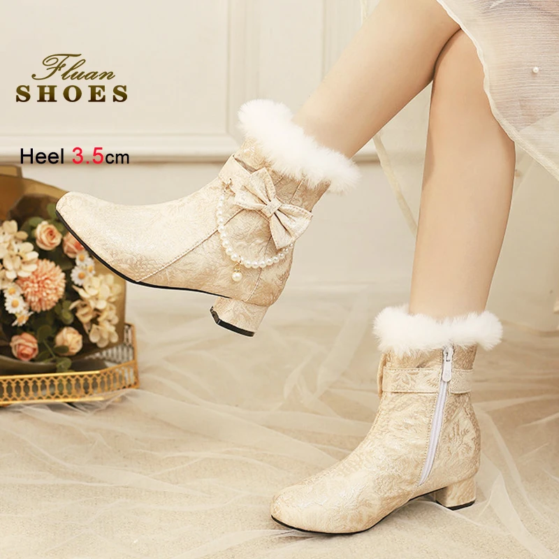 

Сапоги Лолиты Sweet Bow String Bead, туфли для косплея, новинка 2025, женские зимние короткие сапоги в китайском стиле на блочном каблуке 4,5 см