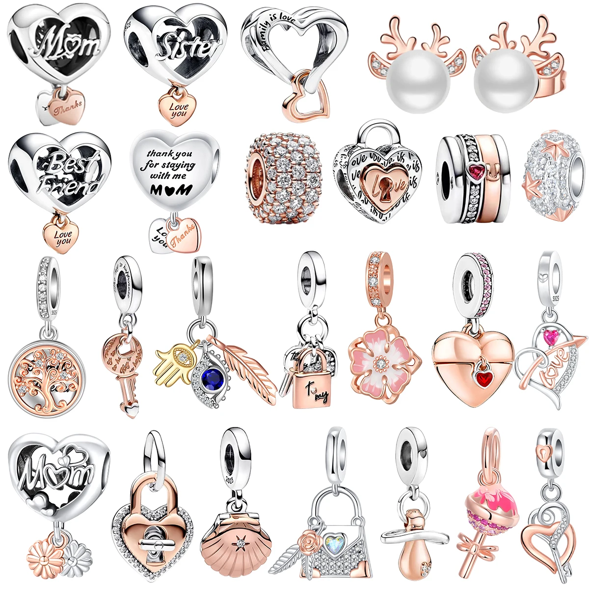 Original 925 Sterling Silver Colorful Charms Snowflake Heart Lock key Earrings Beads For Necklace DIY Bracelet Present Jewellery