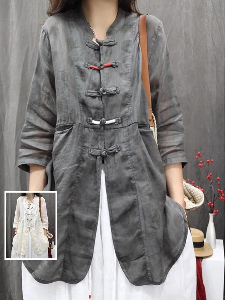 Boho Chic Bluzka damska plus size, średniej długości, zapinana na guziki, ze stójką, luźny krój, letnia, z mieszanki bawełny.