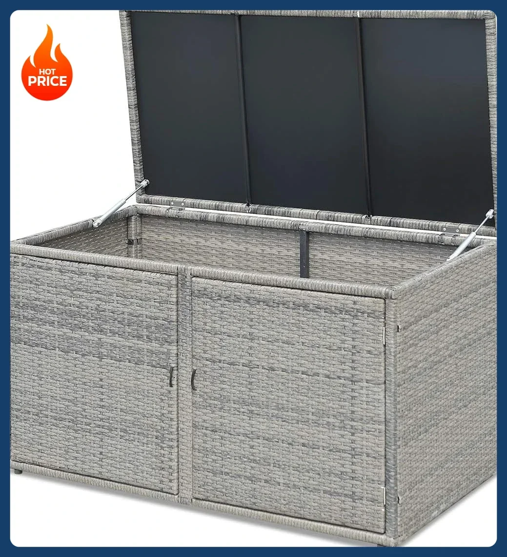 

[Free Shipping!]PE Wicker Storage Box - Outdoor 88 Gallon 2-Tier Deck Box for Patio Furniture Toys Storage w/Lid & Front Doors,