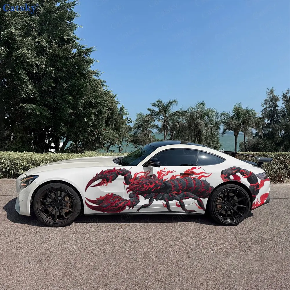 2pcs Fire Pattern Venomous Scorpion Car Side Wrap, Self-Adhesive PVC Waterproof & Scratch-Resistant Stickers, Car Accessory Gift