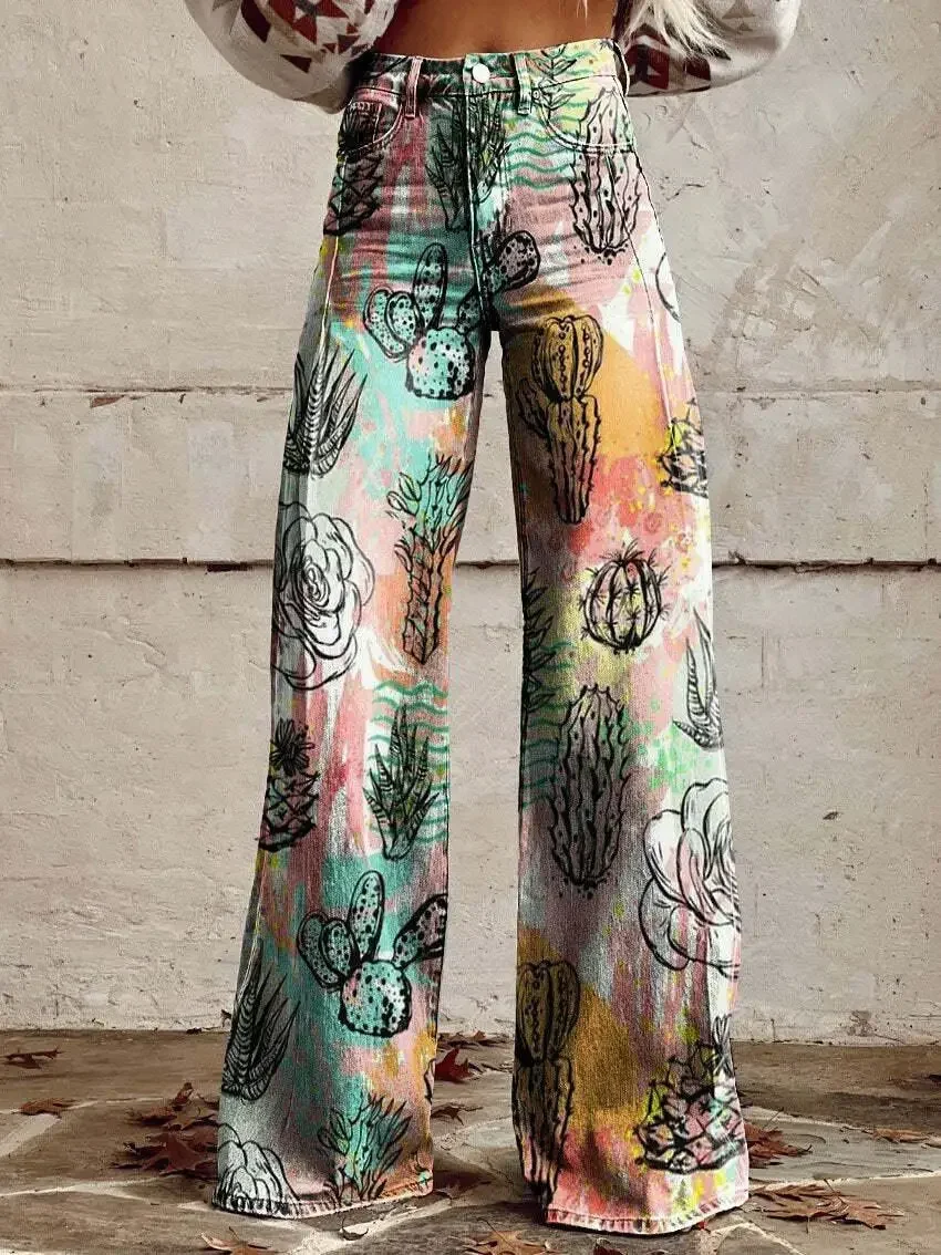 Women's Trendy Retro Striped Denim Wide Leg Pants Casual Fashion Comfortable Long Women's Pants Tie-Dye Casual Wide Leg Pants