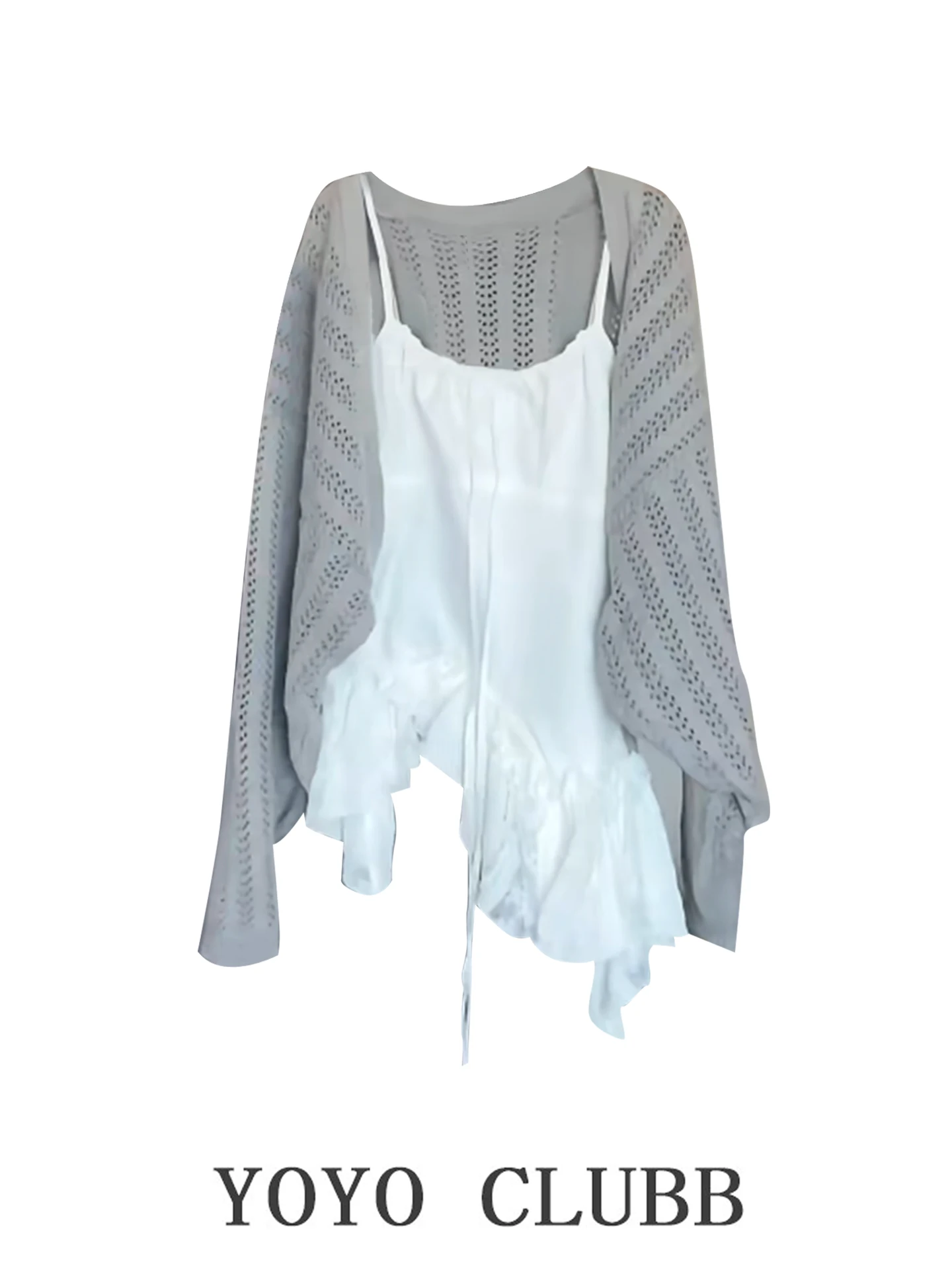 

Весенняя новинка: комплект из топа и накидки с ажурным узором, длинными рукавами, кружевной отделкой, асимметричным кроем, больших размеров, для полных женщин, повседневный стиль.