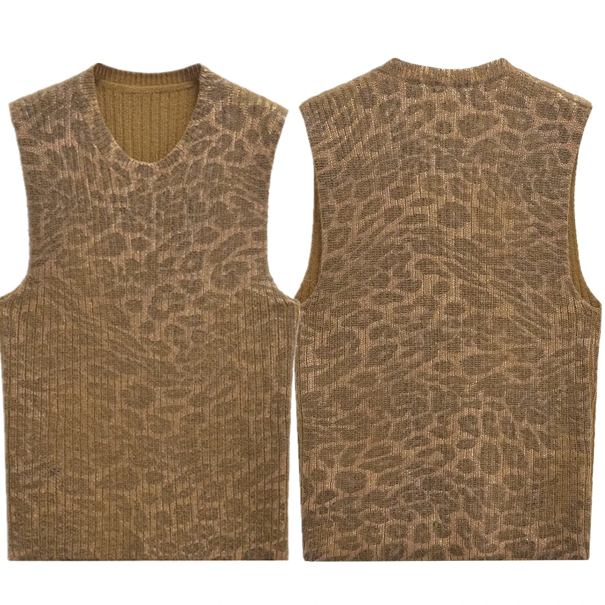 

Jenny&Dave Retro Leopard Print Knit Vest Minimalist Fashion Basic Round Neck Knit T-shirt Tank Tops Women