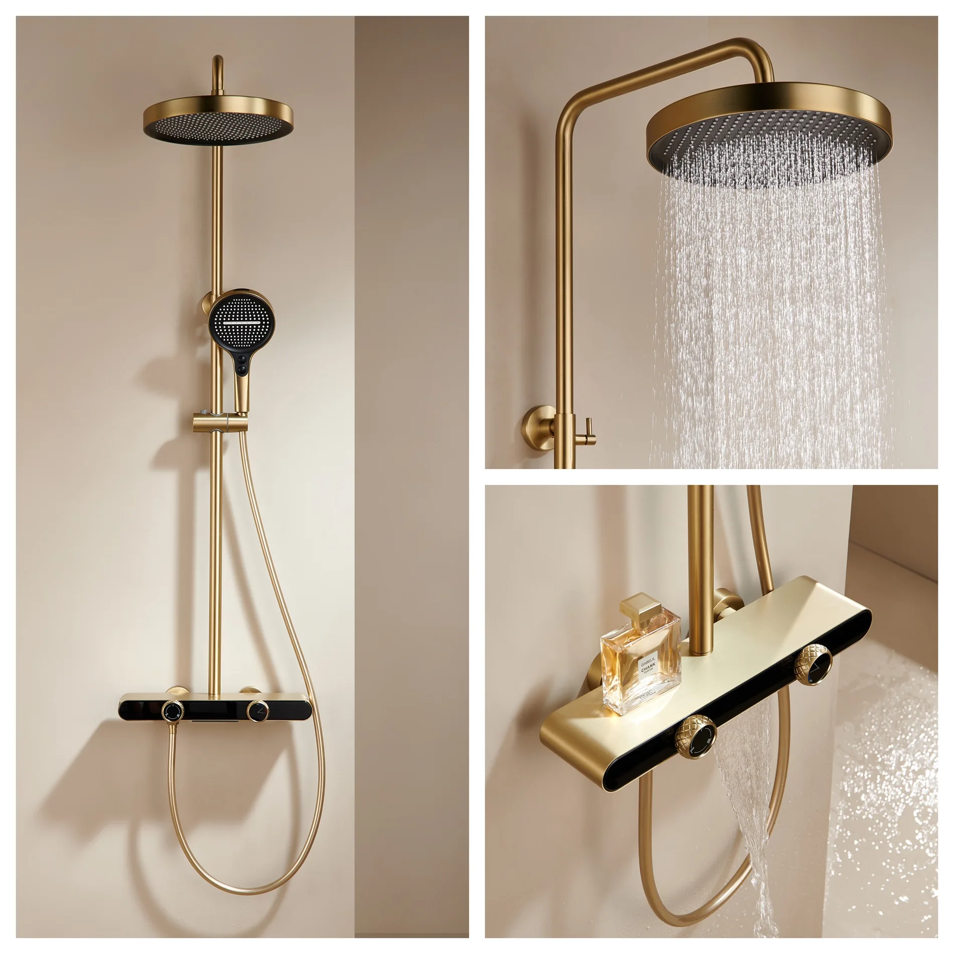 Brushed Gold Bathroom Shower Faucet Set Grey Bathroom Rainfall Shower Mixer Tap Black Brass Bath and Shower Faucet Set